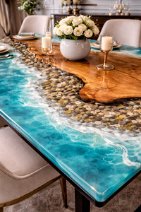 Table à manger artisanale en résine océanique, bois à bords naturels et design rivière en époxy bleu - Product Image 4