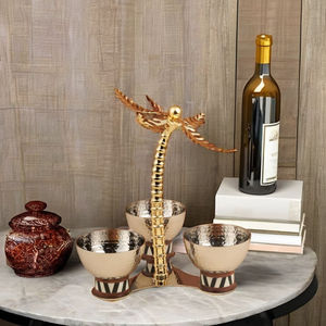 Metal Silver Cluster Bowl Features Three Compartment Hammered Pieces On Patterned Bases Around A Central Gold Palm <b>Tree</b> <b>Stand</b> - Product Image 4