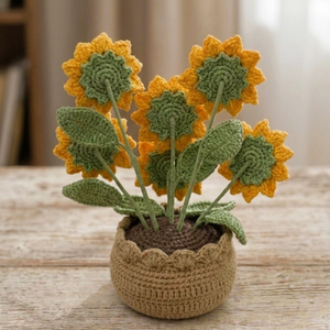 Pot de fleurs tournesol vietnamien en crochet fait main, décoration amigurumi avec fleur en fil tricoté pour la maison, le bureau, cadeau, art du papier, Vietnam - Product Image 4