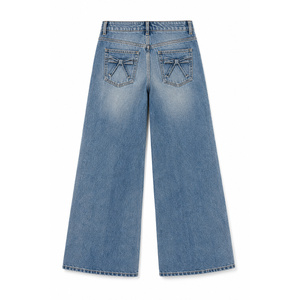Jeans de mezclilla de mujer de tiro medio y pierna ancha con bolsillos de lazo - Azul vintage elástico, ajuste ceñido, bordado, tallas grandes (XS-XL) - Product Image 2