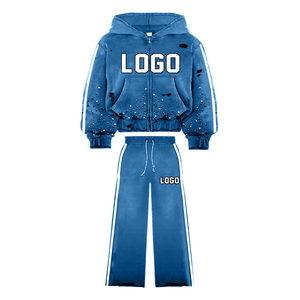 Conjunto de chándal para hombre de peso pesado, transpirable, con lavado ácido personalizado, efecto desgastado, bordado, con sudadera con capucha de corte acampanado sin rematar y pantalones de chándal con pedrería, tallas grandes - Product Image 2