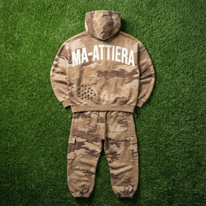 Men Khaki <b>Camouflage</b> Hoodie Tracksuit Set <b>Cargo</b> Jogger Pants Oversized Loose Fit Streetwear Custom OEM ODM Wholesale - Product Image 6