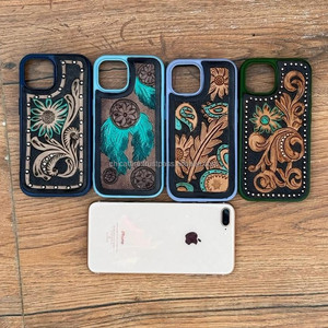 เคสโทรศัพท์หนังลายดอกไม้สำหรับ iPhone 13 14และ15เคสโทรศัพท์ออกแบบได้ตามต้องการใหม่เทอร์ควอยซ์ด้วยมือสไตล์ตะวันตก - Product Image 4