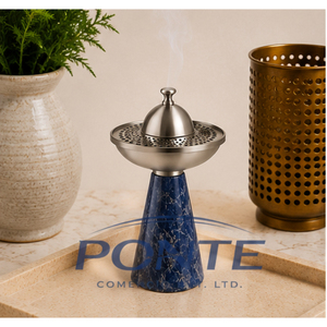 Elegante Quemador de Incienso de Mármol Azul con Tapa Metálica, Porta Incienso Árabe para Oud y Carbón, Mubkhara Tradicional para Decoración del Hogar - Product Image 1