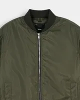 Blouson aviateur matelassé noir en toile de haute qualité avec col montant et logo personnalisé sur le devant, vente en gros pour hommes