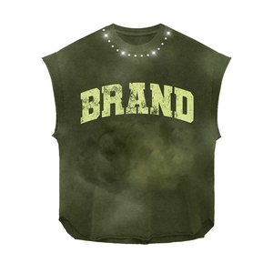 Women Sleeveless T Shirt Premium Cotton Jersey 180 GSM Acid Wash Blue <b>Studded</b> Neck Distressed Print Custom Logo Streetwear - Product Image 3