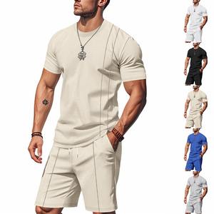 Conjunto de Dos Piezas para Hombre, Camiseta con Cuello Redondo, Pantalones Cortos Rectos hasta la Rodilla, Camisetas de Manga Corta, Estilo Informal, Deportivo, Combinado - Product Image 1
