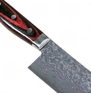 Couteau de cuisine japonais artisanal en acier Damas, manche en bois Pakka rouge, outil de découpe. - Product Image 6