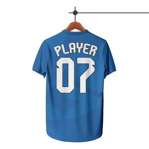 Maillot de football personnalisé sublimé pour homme, bleu, manches courtes, respirant, en polyester, toutes saisons, numéros d'équipe imprimés, col rond - Product Image 2