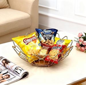Gold Finish Decorative Wire <b>Basket</b> Tray with Round Center Base Elegant Fruit Serving Bowl Home Decor Accent Metal & Wood <b>Basket</b> - Product Image 3