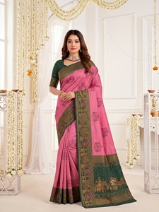 Pink and Green Silk <b>Saree</b> with Gold Zari Work Traditional Indian Wedding Wear <b>for</b> <b>Women</b> Sun Protection All Seasons - Product Image 3
