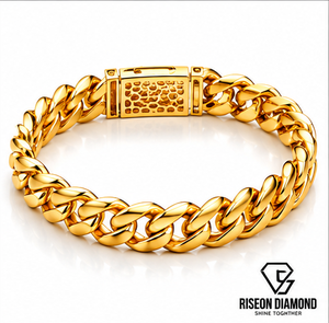 Bracelet de luxe pour homme en or jaune 18 carats, maille cubaine, entièrement pavé de diamants, fermoir boîte, avec accents de diamants de laboratoire, bracelet de poignet statement - Product Image 6