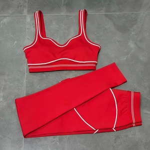 Women's Premium Contrast Color Yoga Set 3-Piece V-Neck Front Seamed Slim Fit Shockproof Sports <b>Bra</b> High Waist Leggings - Product Image 5