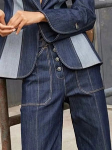 Meilleur fournisseur : Ensemble 2 pièces en jean pour femme – Veste décontractée à manches longues et col rabattu avec poches et pantalon taille haute - Product Image 3