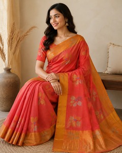 Sari en soie pure tissé à la main, motif floral rouge corail, bordure dorée Zari, sari traditionnel indien pour les fêtes et les occasions spéciales - Product Image 2