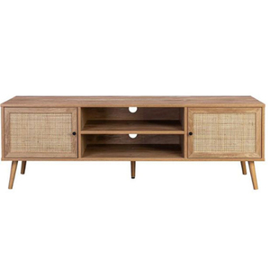 Mueble de TV Moderno de Mediados de Siglo, Personalizado, de Metal, con Puertas de Madera y Ratán, y Estantes Abiertos para Sala de Estar - Product Image 3