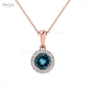Trending Products 4mm Prong Set London Blue Topaz Gemstone Halo <b>Pendant</b> with 14k <b>Solid</b> <b>Gold</b> Customized Diamond <b>Pendant</b> Jewelry - Product Image 2