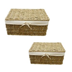 Cesta de Almacenamiento de Mimbre y Hierba Marina, Juego de Cestas con Tapa, Forradas de Algodón, Cestas Rectangulares para Almacenamiento - Product Image 1