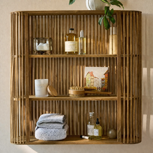 Solid Teak Wood <b>Wall</b> <b>Shelf</b> Fluted Linear Slatted <b>Floating</b> Unit 3 Tier Open Air Display Rack - Product Image 1