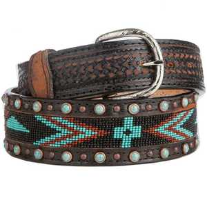 Premium Vintage Western Genuine <b>Leather</b> Alloy Pin Buckle Geometric <b>Tooling</b> Beaded Inlay Handcrafted Cowboy Style <b>Belt</b> - Product Image 2