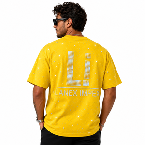 T-shirt personnalisé jaune à strass pour homme, coupe oversize, streetwear décontracté, manches courtes, col rond, motif graphique scintillant, vêtement de mode - Product Image 4