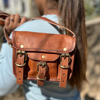 Tas selempang kulit kambing asli alami, buatan tangan, gaya Vintage tali tunggal dengan katun kulit asli kanvas lapisan pola permen