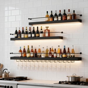 Walnut Wood Asymmetrical Wine Rack Floating <b>Shelf</b> with LED - Wholesale - Product Image 1