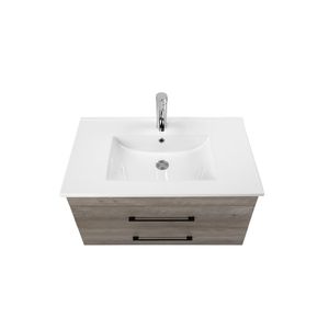 Tocador de baño de grano de madera gris minimalista moderno de 32 pulgadas, cajones dobles montados en la pared, sistema de cierre suave, fregadero de cerámica blanca negro - Product Image 5