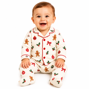 Ensemble de pyjamas de Noël pour bébé, en spandex/coton doux, manches longues, col rabattu, imprimé pain d'épices, hiver - Product Image 1