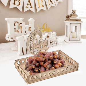 Plateau de service rectangulaire en bois au design arabe avec gravure lune et étoile pour la décoration de fête de l'Aïd Ramadan, design oriental fait main - Product Image 5