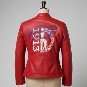 Delta |   Sigma |   Chaqueta de cuero roja premium de la hermandad Theta DST con letras griegas para miembros de la fraternidad, chaqueta para mujer - Product Image 2