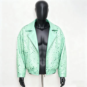 PIHA SPORTS Men's Varsity <b>Jacket</b> Green Color Block Stand Collar Casual Genuine Leather Outerwear Winter Regular Fit Biker Front - Product Image 4
