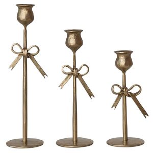 Set of 3 Piece Metal Hand-Forged <b>Bow</b> Shaped Metal Taper Candle <b>Holders</b> Antique Gold Finish Christmas Decorative Candlestick - Product Image 2