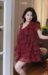 Coshe camryn เดรสสั้นเปิดไหล่หนึ่งข้างสำหรับเด็กผู้หญิงผ้าชีฟองหรูหรามีระบายลูกไม้หลายชั้นสำหรับใส่ในชีวิตประจำวันลุคหวานแหววววววววว - Product Image 5