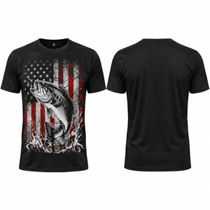 เสื้อยืดตกปลาสีดำสำหรับผู้ชาย ลายธงชาติอเมริกันและปลาเบส แห้งเร็ว ผลิตจากโพลีเอสเตอร์ พิมพ์ลายด้านหน้า - Product Image 1