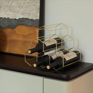 Porte-vin carré en fer doré moderne, support de table rayé pour 6 bouteilles, présentoir à vin géométrique en fil doré, écologique - Product Image 2