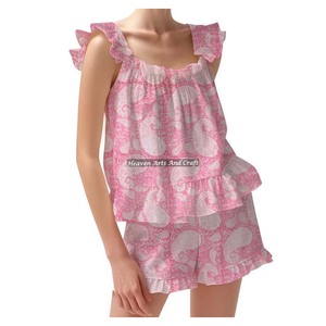 Vente chaude fille vêtements de nuit Shorts pyjama ensemble 100% coton tissu printemps/été Floral ajusté bretelles volants garniture manches PJ ensemble - Product Image 1