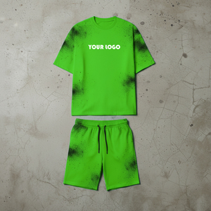 2026 New arrival Summer Casual Wear Streetwear custom DTF Printed logo 100% Cotton with spray effect hip hop Men's 2-Piece Set - Product Image 6