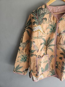 Veste matelassée pour femme, imprimé animal, coton tissé, manches trois quarts, col rond, poche plaquée, style été, cadeau pour elle - Product Image 2