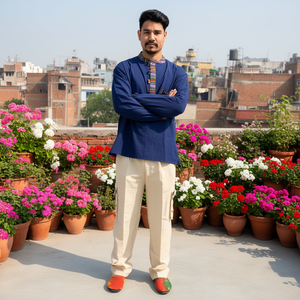 Kurta en coton bleu foncé brodé à la main, exquis et élégant, ensemble cadeau culturel et touristique du Népal - Product Image 3
