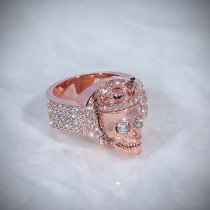 Rose <b>Gold</b> Plated 925 Silver Moissanite Halo Skull Crown <b>Cocktail</b> <b>Ring</b> for Men's Party Wear - Product Image 4