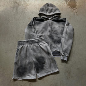 ชุดฮู้ดดี้และกางเกงขาสั้นพิมพ์ลายโลโก้แบบกำหนดเอง สไตล์เรโทรซันเฟด ผ้าฟลีซลำลอง 100% คอตตอน ชุดฮู้ดดี้และกางเกงขาสั้นแบบย้อมสีเอซิด สำหรับทุกเพศ - Product Image 2