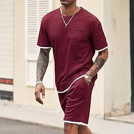 Conjunto de Camiseta de Manga Corta Color Granate Sólido para Hombre con Bolsillo y Pantalones Cortos Bermuda a Juego, 100% Algodón, Cintura Elástica, Transpirable, Tejido de Punto, Casual - Product Image 2
