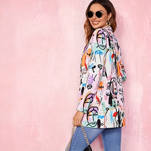 Vente flash sur le blazer pour femme Temu à imprimé abstrait, manches longues, col à revers, veste décontractée légère - Product Image 3