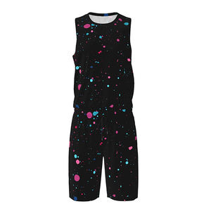 Conjunto de camiseta de baloncesto con estampado de puntos negros para hombre, camiseta sin mangas con pantalones cortos con cordón, poliéster transpirable para todas las estaciones - Product Image 1