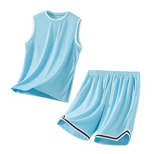 Ensemble de maillot de basket-ball sans manches bleu clair unisexe, respirant, à séchage rapide, coupe régulière pour adulte, couleur unie - Product Image 4