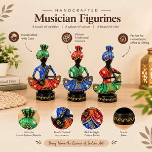 Juego de 3 Figuras Metálicas de Músicos Rajastaníes, Arte Folclórico Indio Pintado a Mano, para Decoración del Hogar, Hotel u Oficina - Product Image 5