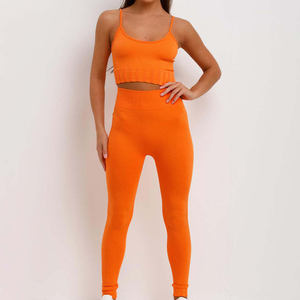 Leggings de yoga côtelés orange taille haute longueur intégrale 3 pièces avec fermeture éclair, extensibles dans les quatre sens, couleur unie, en Spandex et Polyester - Product Image 2