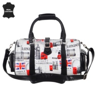 Bolsa de Viaje de Cuero Genuino con Acabado Brillante Personalizado, Diseño con Estampado de Londres, Marca Privada OEM/ODM, Venta al Por Mayor, Estilo de Viaje