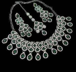 <b>Silver</b> Plated Brass Zircon Bridal Set <b>Choker</b> Necklace Drop Earrings Tikka Ethnic High Quality Wedding Engagement Anniversary - Product Image 1